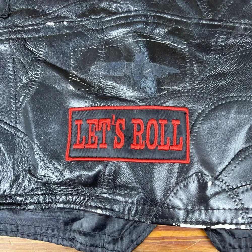 DIAMOND PLATE BUFFALO LEATHER BLACK BUTTON UP BIKER VEST WITH PATCHES XL